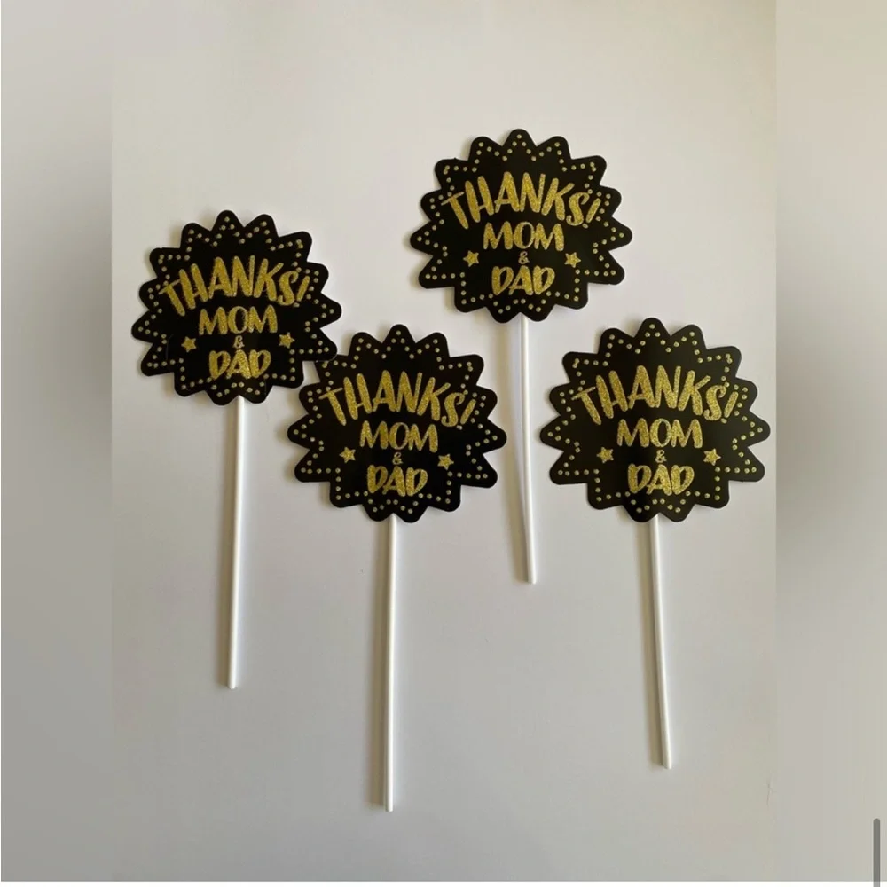 Graduation Cupcake Cake Toppers Decorations Thank You Notes Black Gold NWT OS